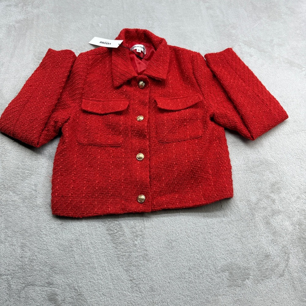 Vigoss Tweed Jacket Women Red Cropped Gold Button Textured Preppy Chic Blazer